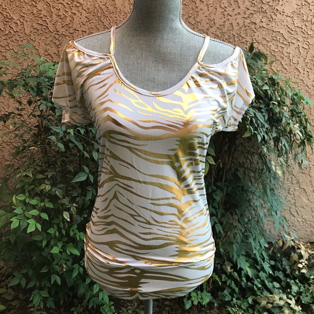 Body Central Cold Shoulder Zebra Print Dressy Top white with gold foil MEDIUM
